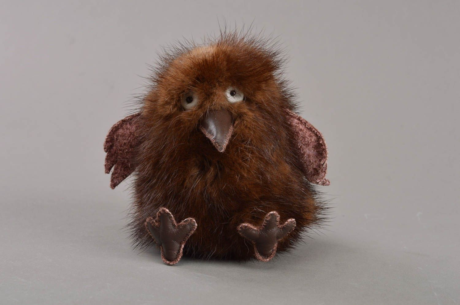 Beautiful small handmade brown soft toy bird created of natural fur home decor photo 2