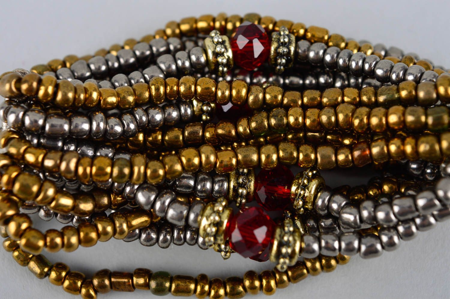 Multi-row wrist line bracelet made of silver and gold color beads for women photo 5
