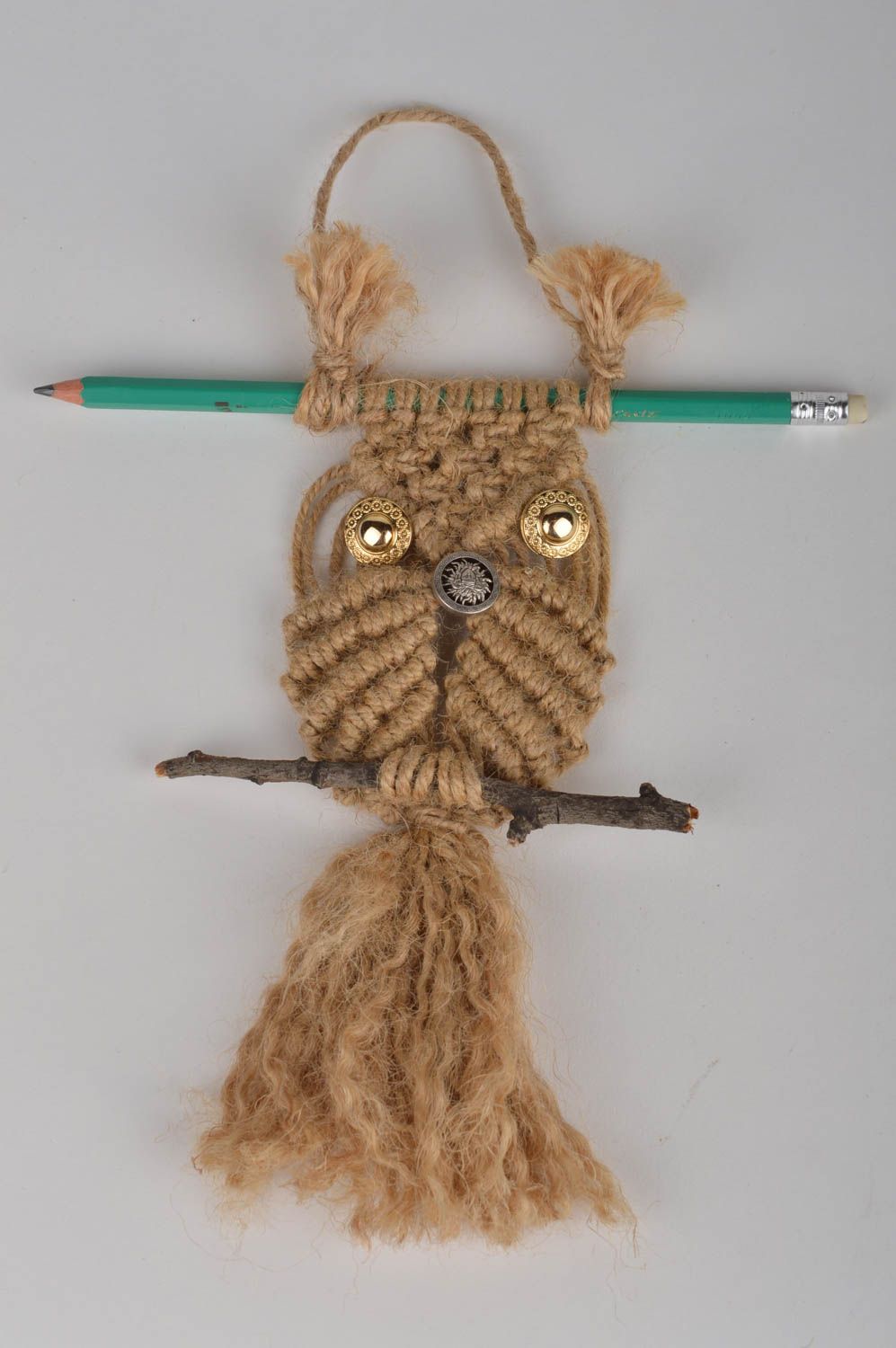 Handmade small beige decorative woven macrame owl wall hanging for home interior photo 3