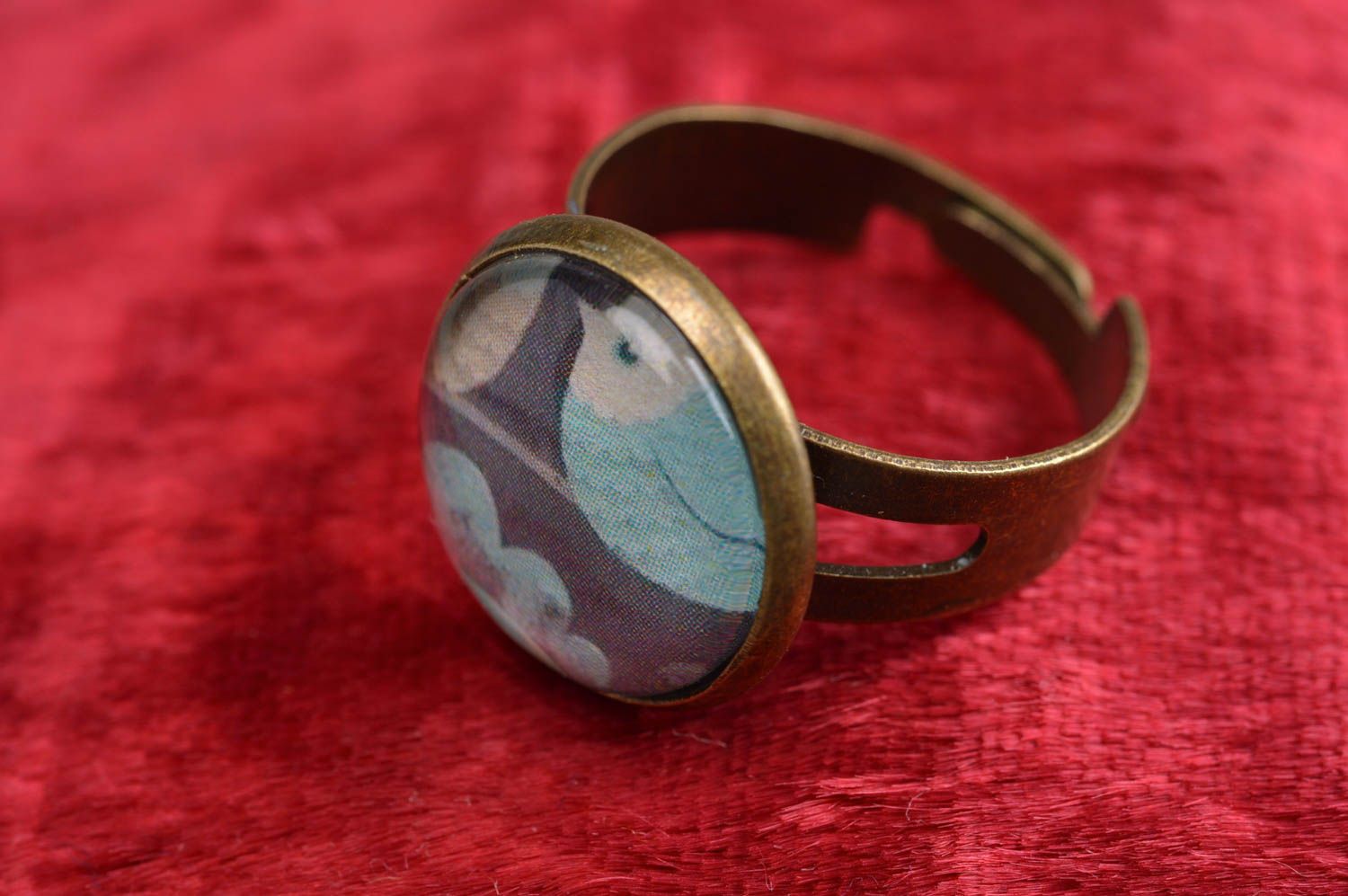 Unusual beautiful round shaped handmade decoupage ring with print photo 1