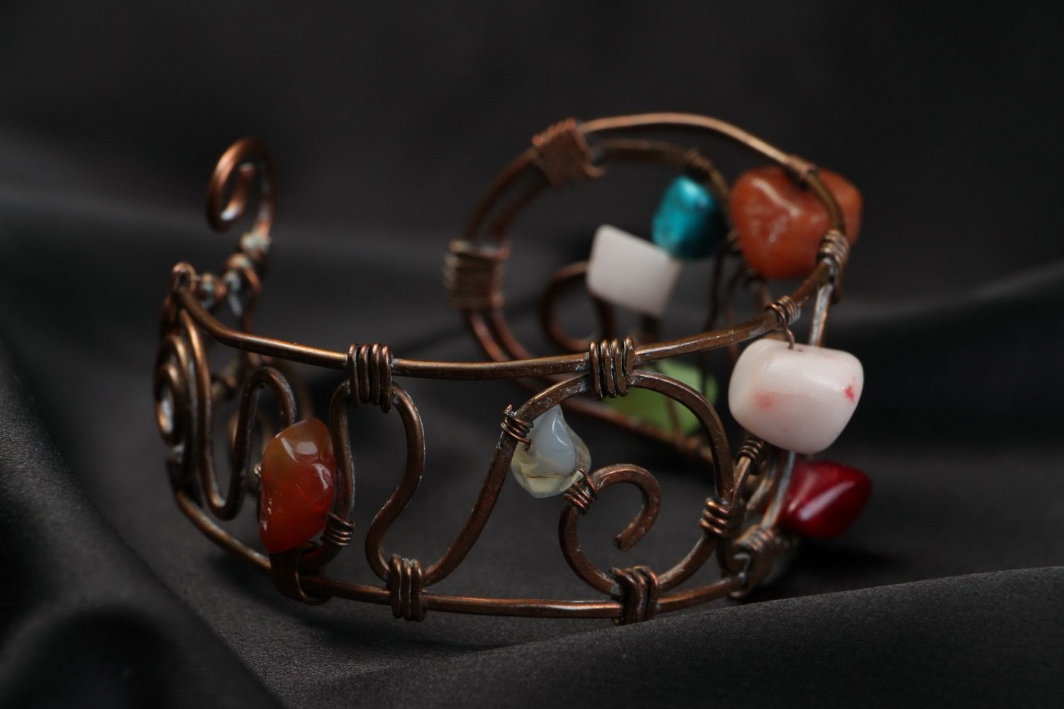 Wide Bracelet Made of Copper with Natural Stones photo 2