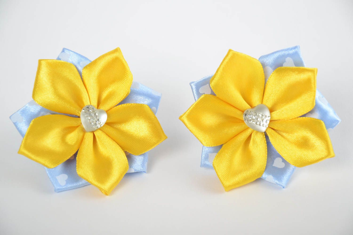 Set of 2 homemade kanzashi satin ribbon flower scrunchies of yellow color photo 4
