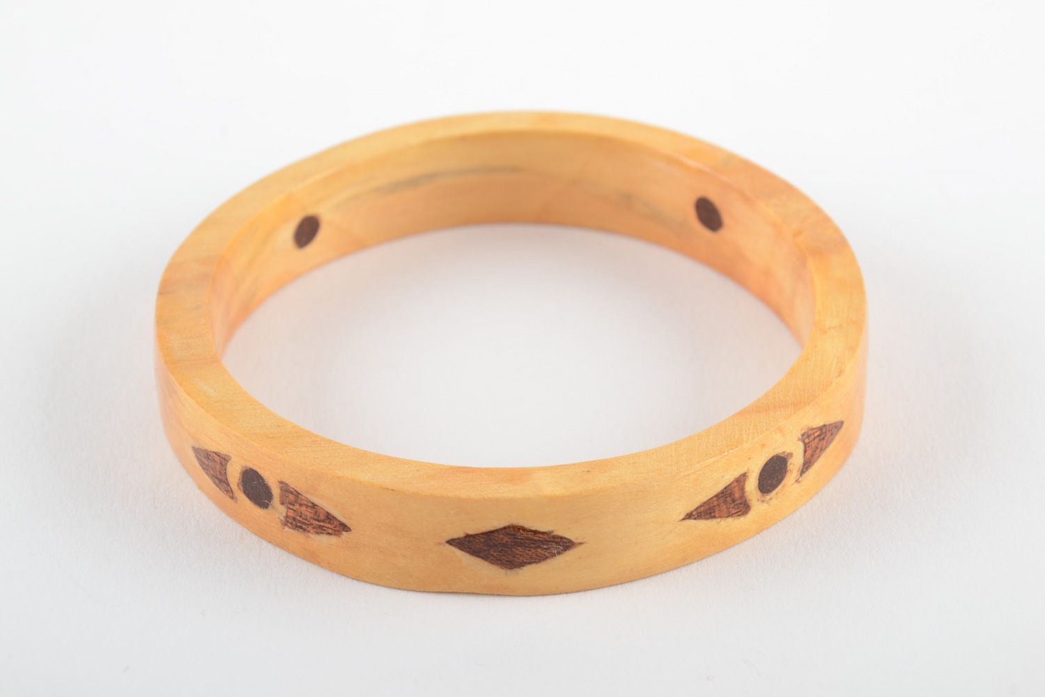 Thin light handmade varnished wooden wrist bracelet with inlay for women photo 1