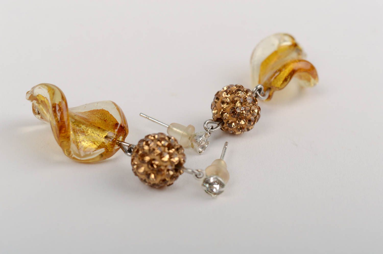 Beautiful unusual Venetian glass stud earrings of gold color photo 4