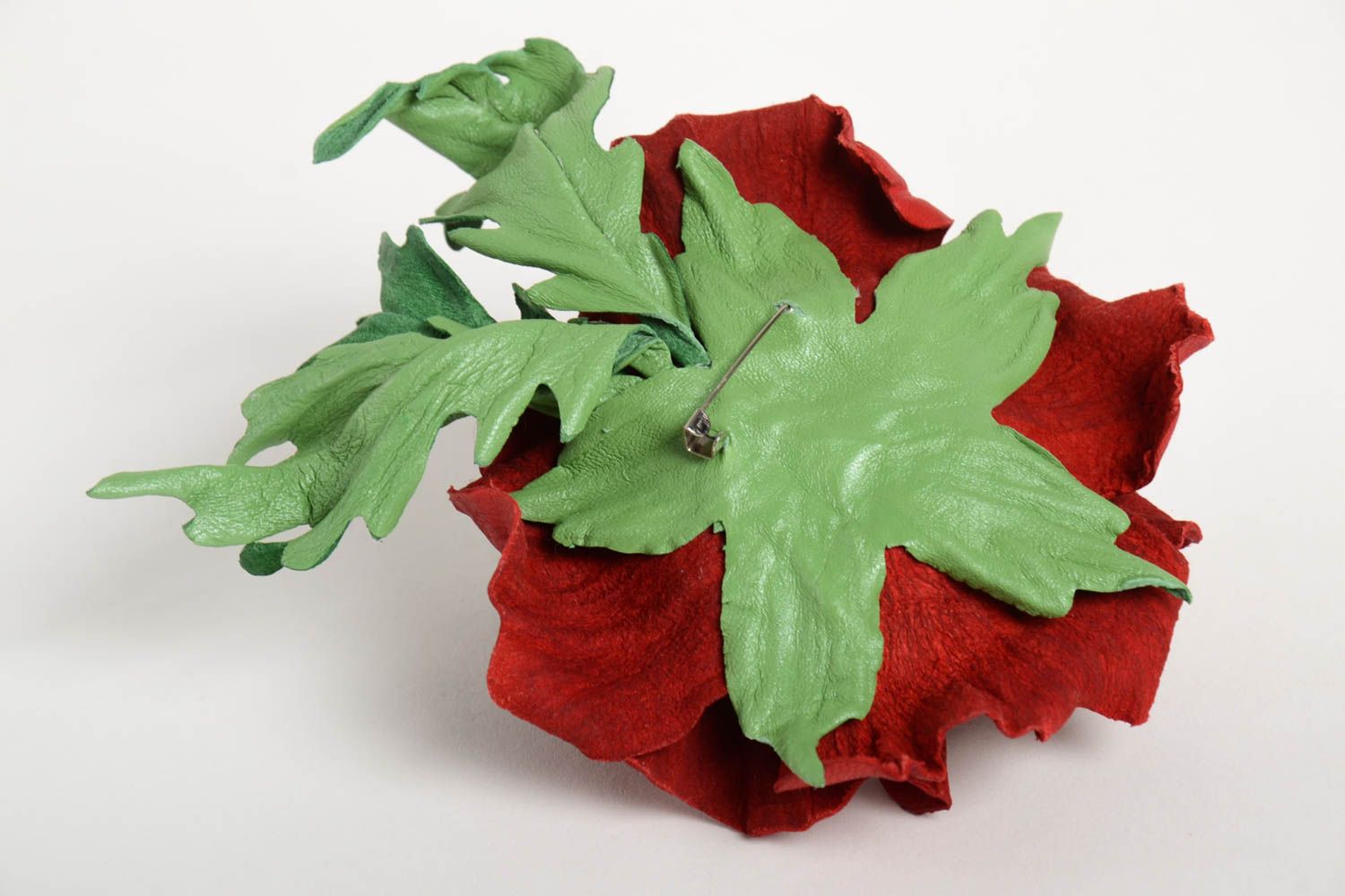 Handmade Blume Brosche Leder Schmuck Accessoire für Frauen rote Mohnblume foto 3