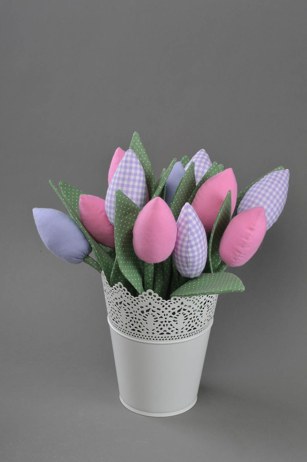 Handmade decorative soft fabric flower tender pink tulip on green stalk interior photo 3