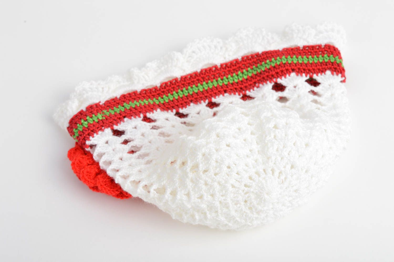 Bonnet tricot Chapeau au crochet fait main blanc fleur rouge Vêtement fille photo 4