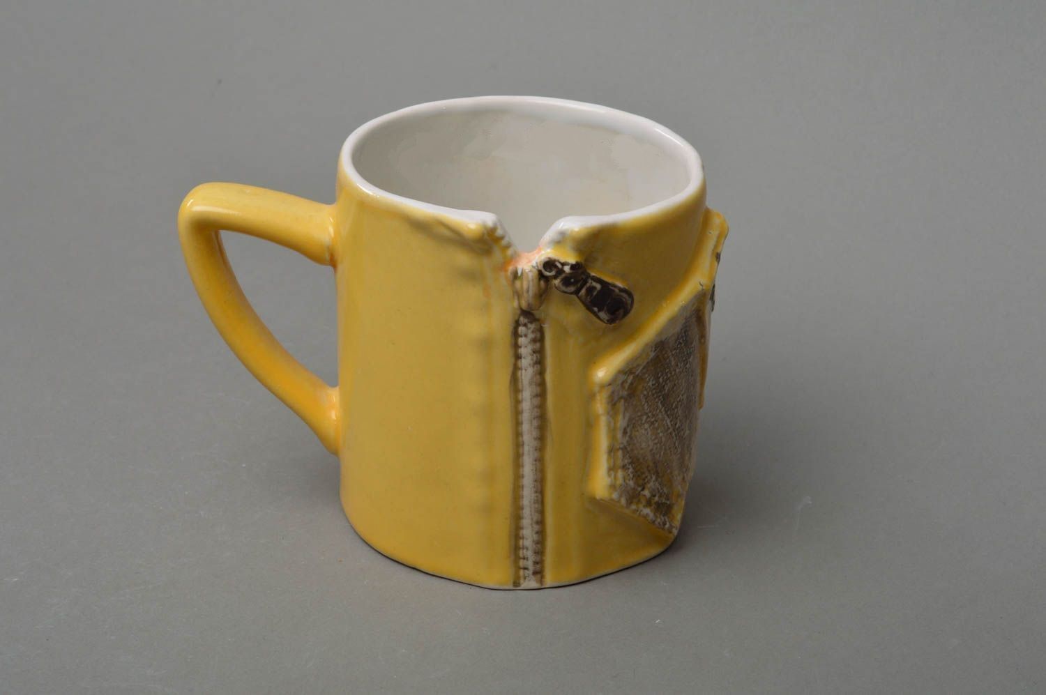 Modern ceramic glazed yellow jeans coffee cup with zipper and handle 1 lb photo 4