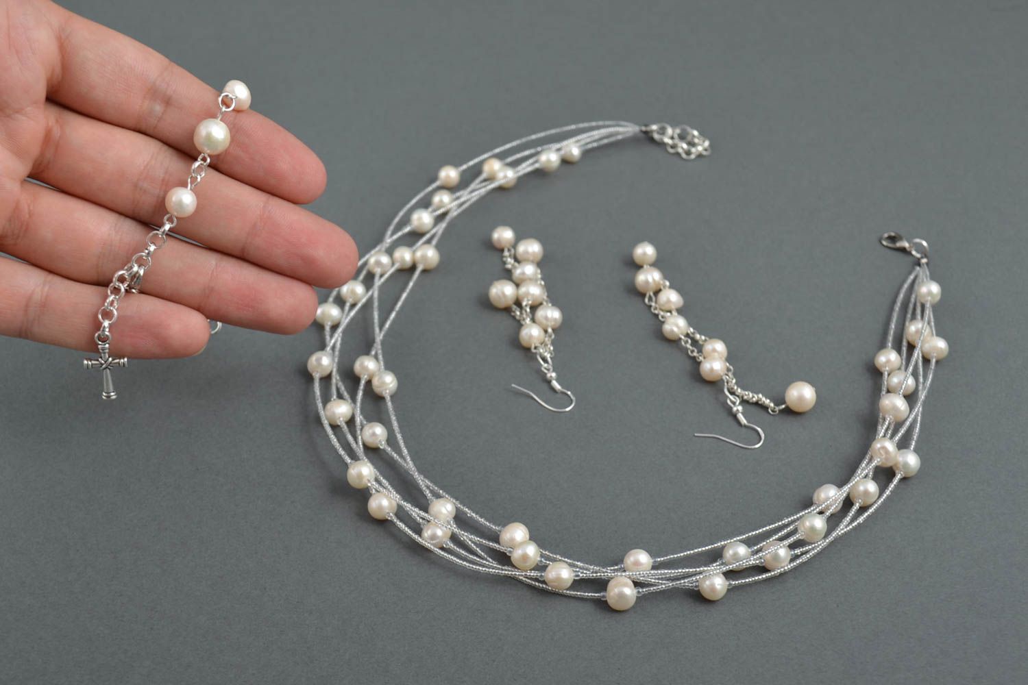 Handmade Schmuck Set Collier Kette Ohrringe und Armband mit Perlen für Damen foto 4