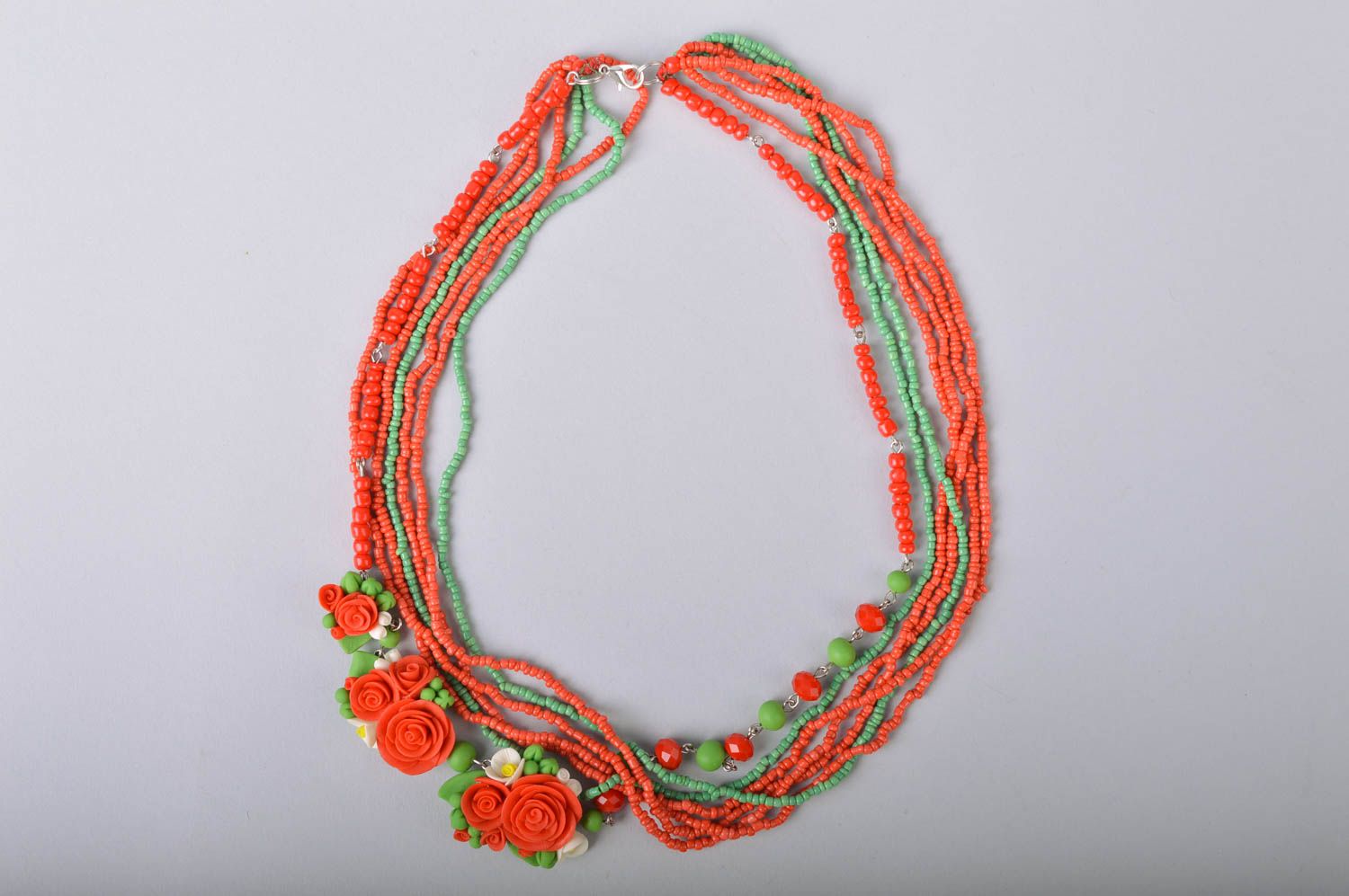 Joli collier vert rouge avec fleurs en porcelaine froide fait main multirang photo 2