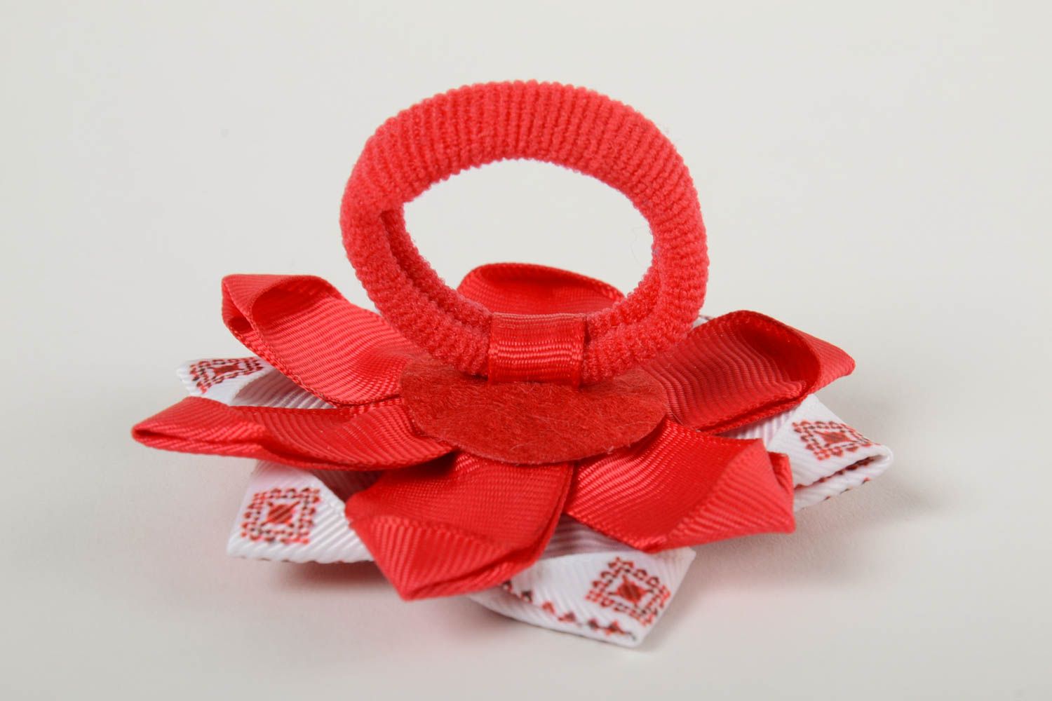 Beautiful handmade rep ribbon textile hair tie of red color in ethnic style photo 3