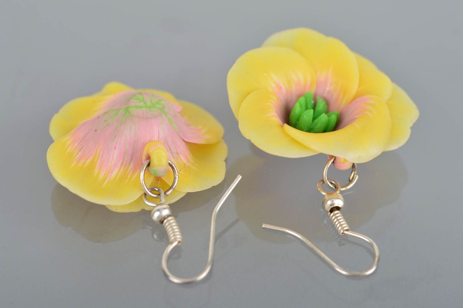Beautiful handmade designer polymer clay flower earrings yellow and pink photo 5