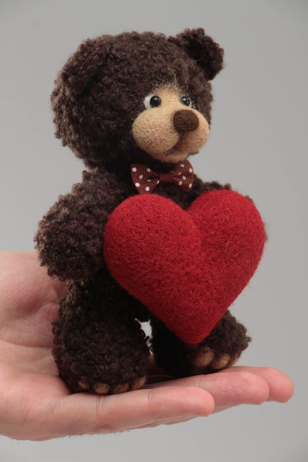 Handmade soft toy crocheted of wool and yarns brown bear with big red heart photo 5