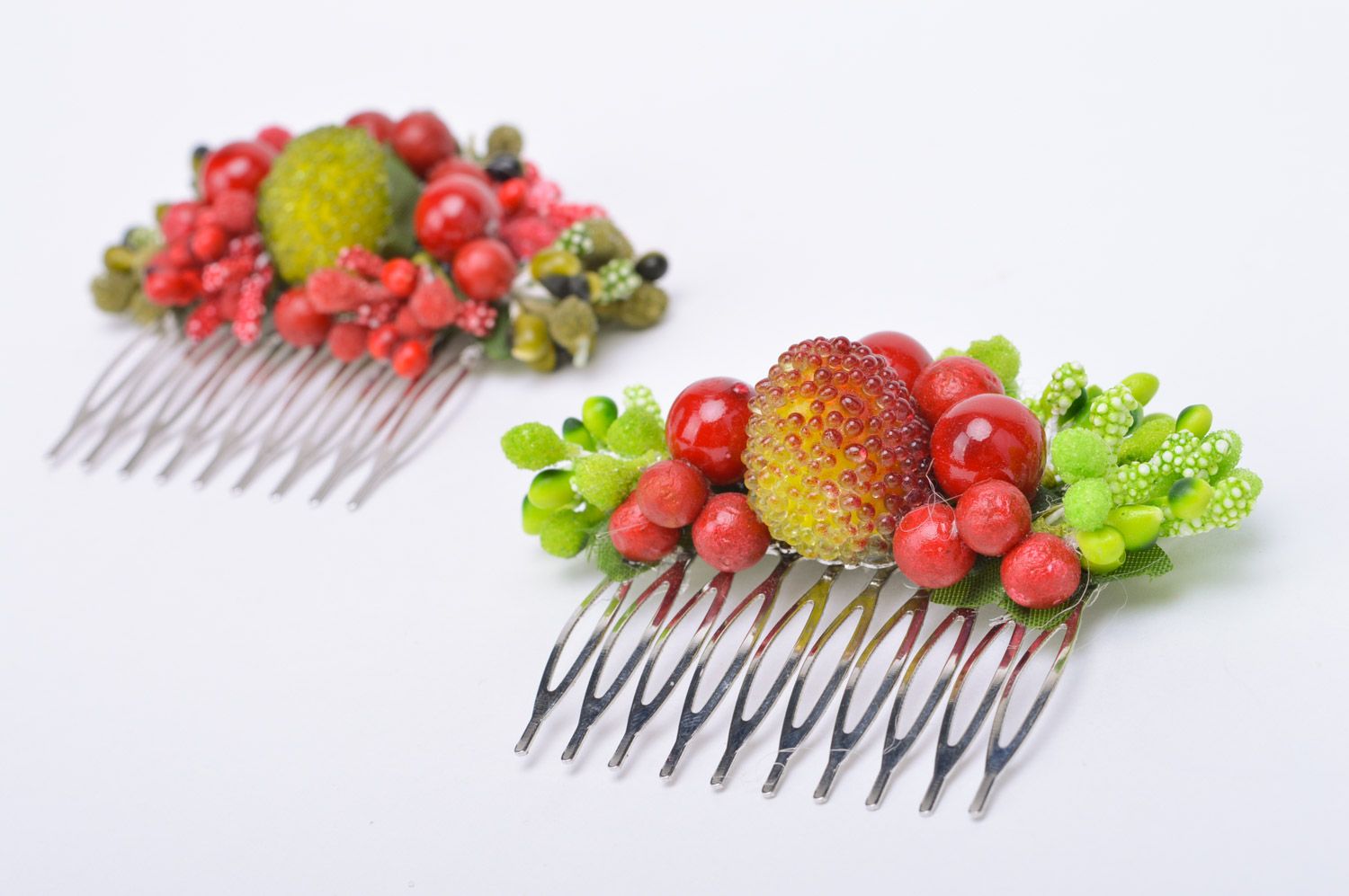 Beautiful handmade decorative metal hair comb with volume flowers and berries photo 5
