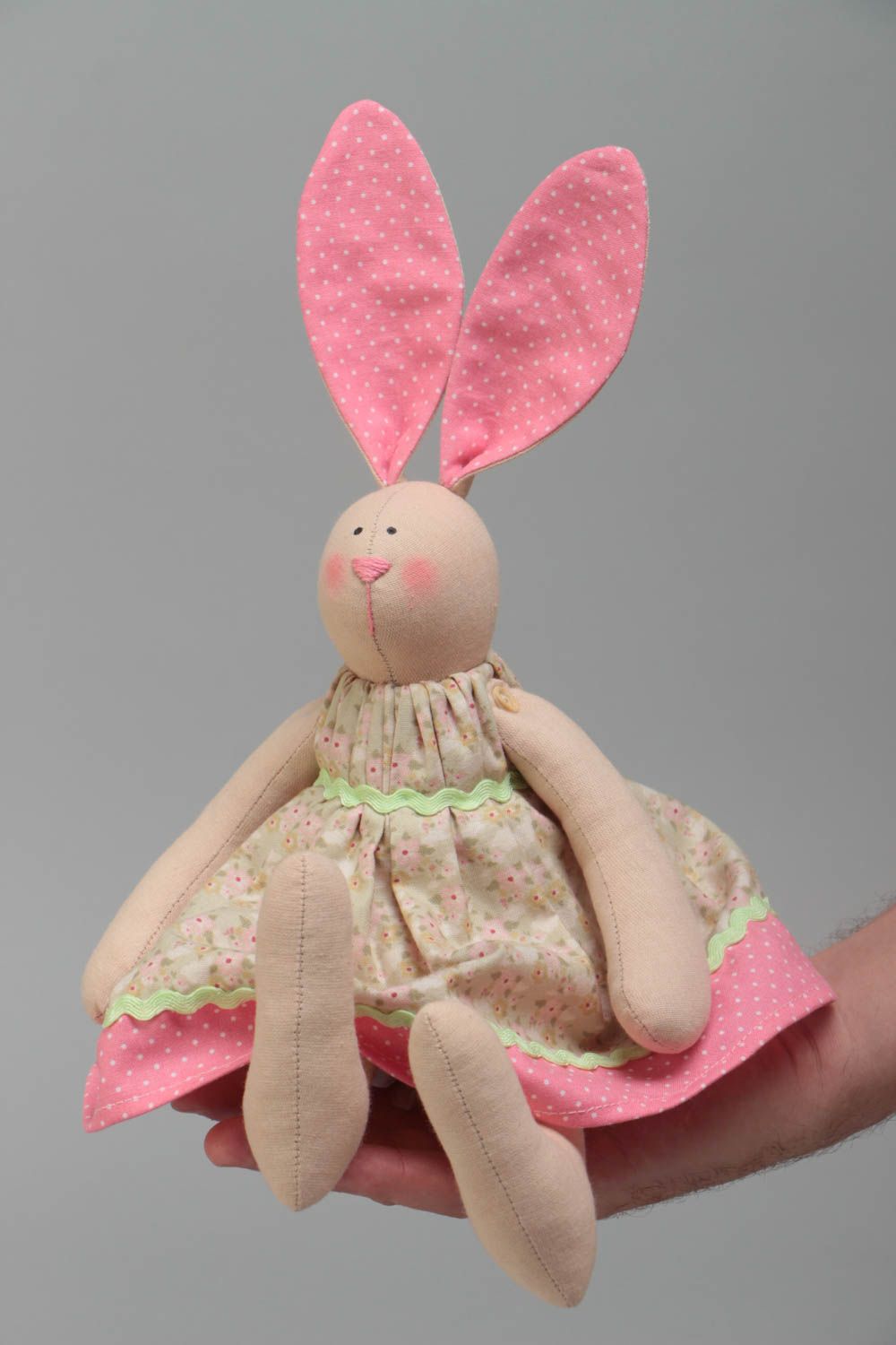Handmade designer fabric soft toy rabbit girl with pink ears in floral dress  photo 5