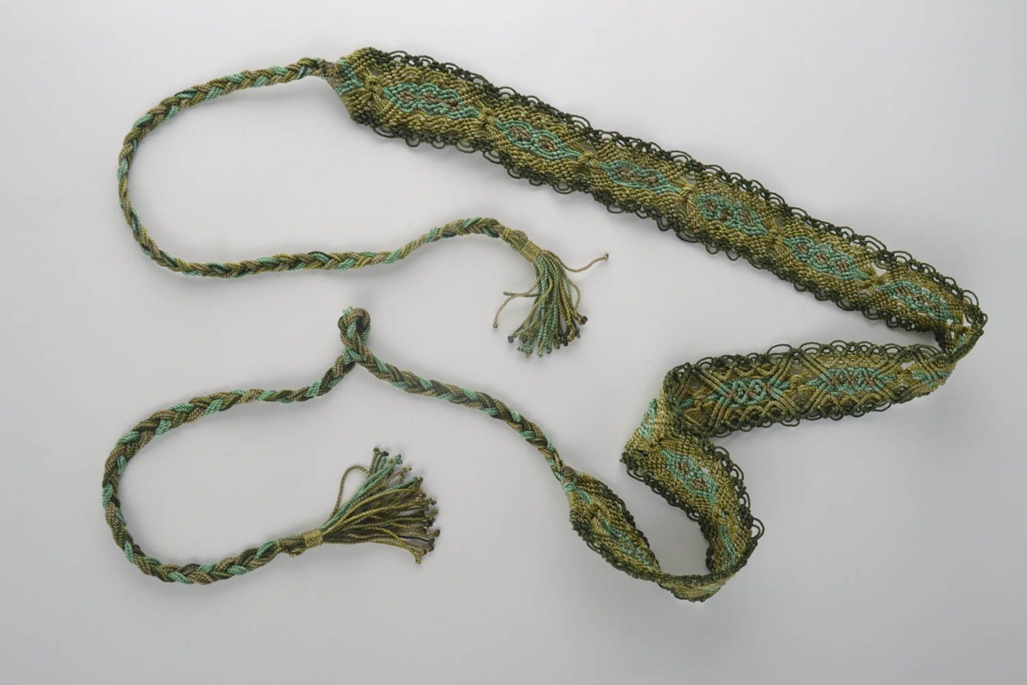 Женский ремень пояс ручной работы пояс для талии зеленый на завязках плетеный фото 2