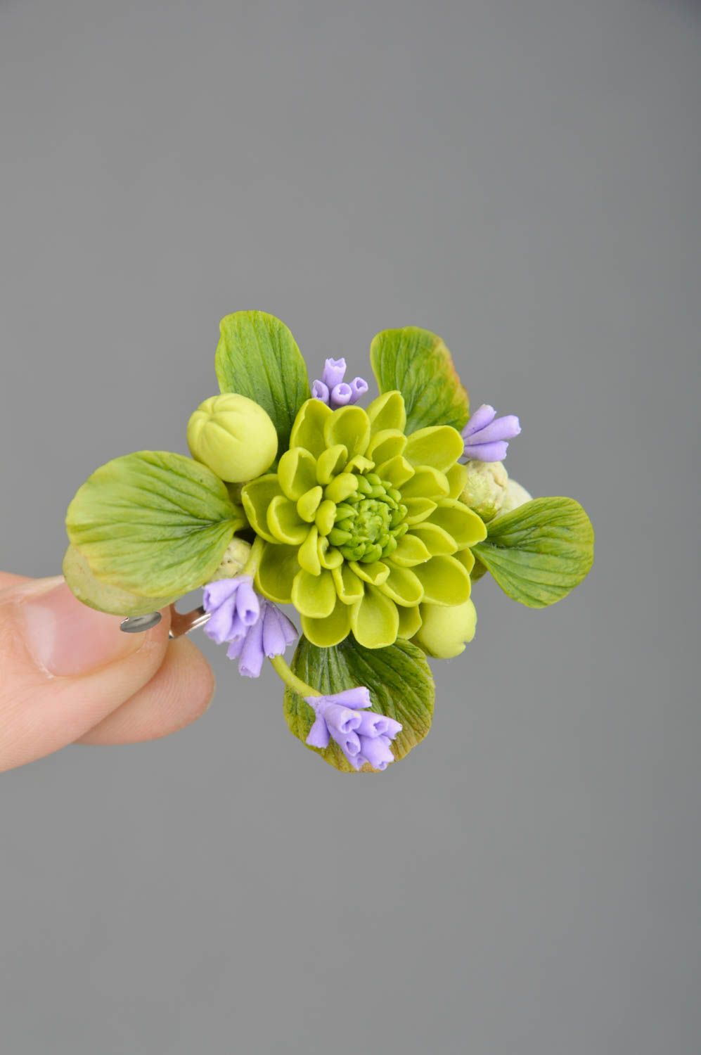 Handmade hairpin with polymer clay flower green and purple photo 3