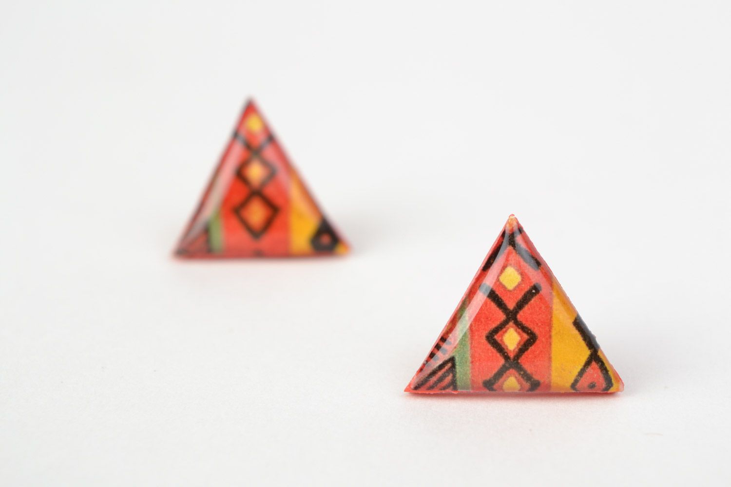 Handmade colorful triangle jewelry glaze stud earrings with ethnic ornaments photo 5