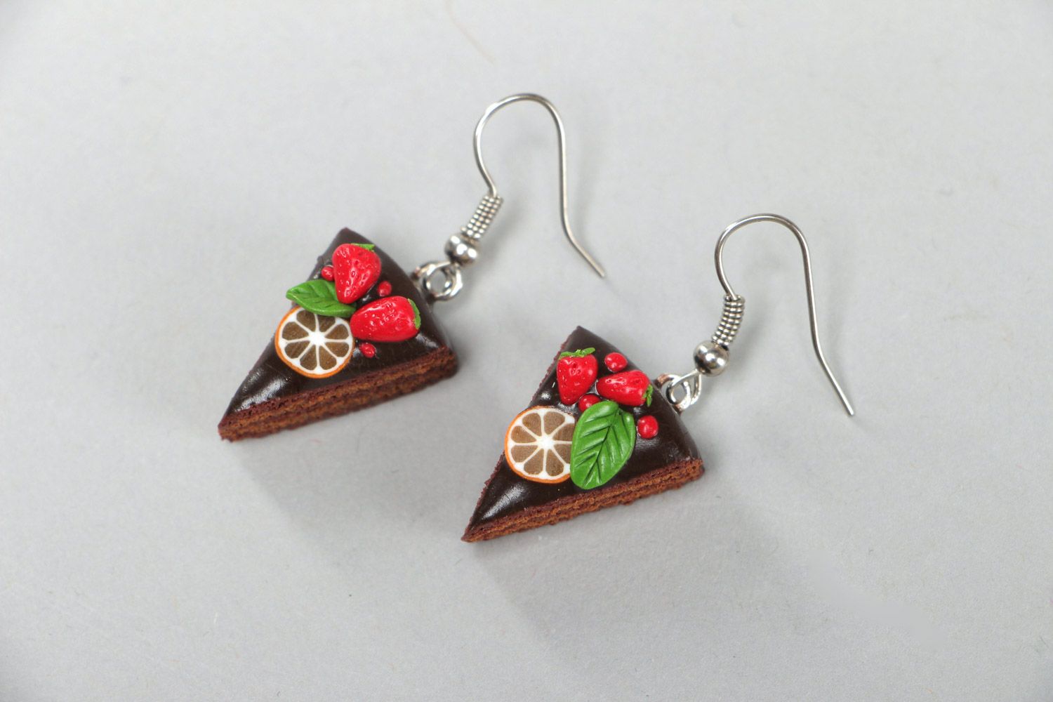 Handmade polymer clay earrings in the shape of pieces of brown cakes  photo 2