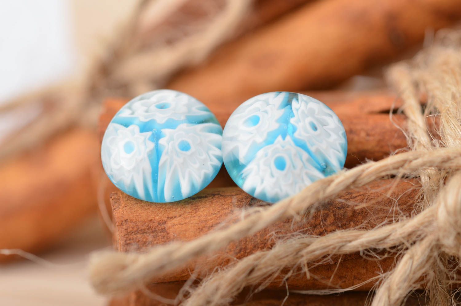 Beautiful blue and white handmade millefiori glass earrings with silver fittings photo 1