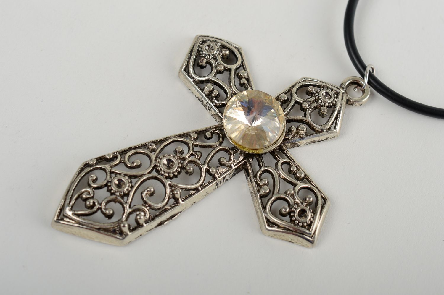 Handmade pectoral cross pendant metal cross with a rhinestone unusual women gift photo 3