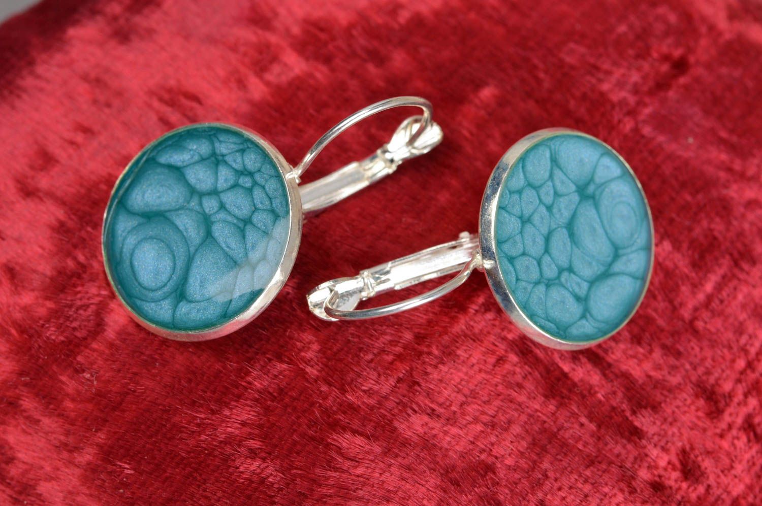 Handmade designer round blue decoupage dangling earrings with epoxy resin  photo 3