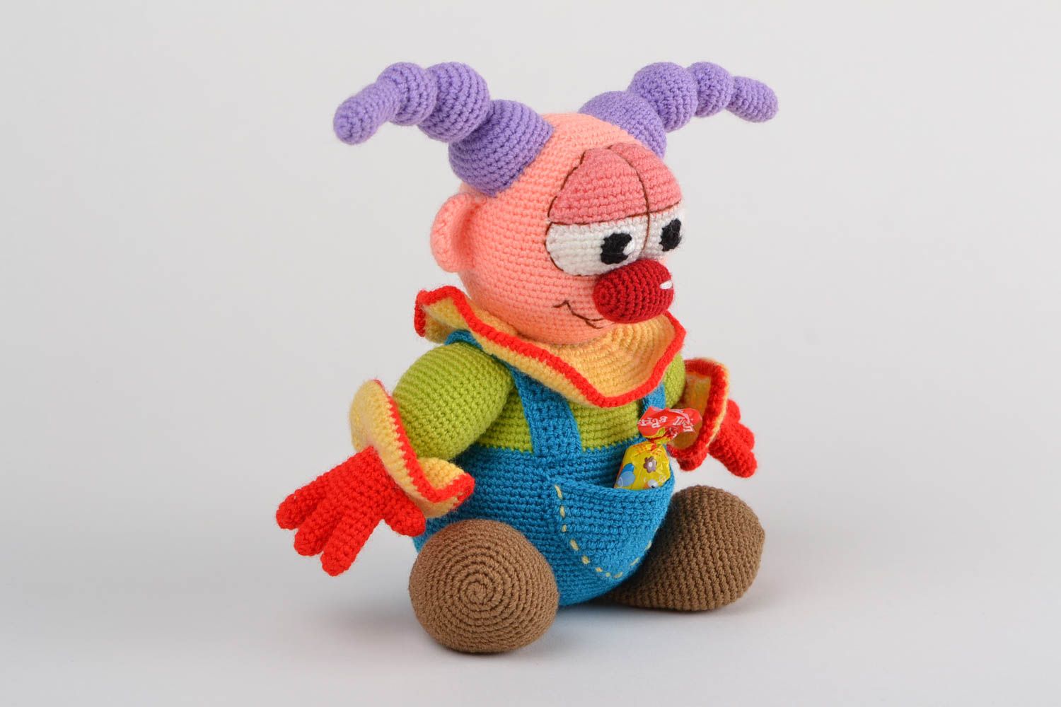 Handmade designer soft toy crocheted of acrylic threads colorful bright clown photo 4