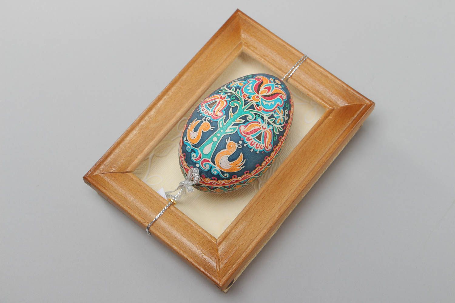 Handmade decorative painted Easter goose egg with wooden frame wall hanging  photo 2