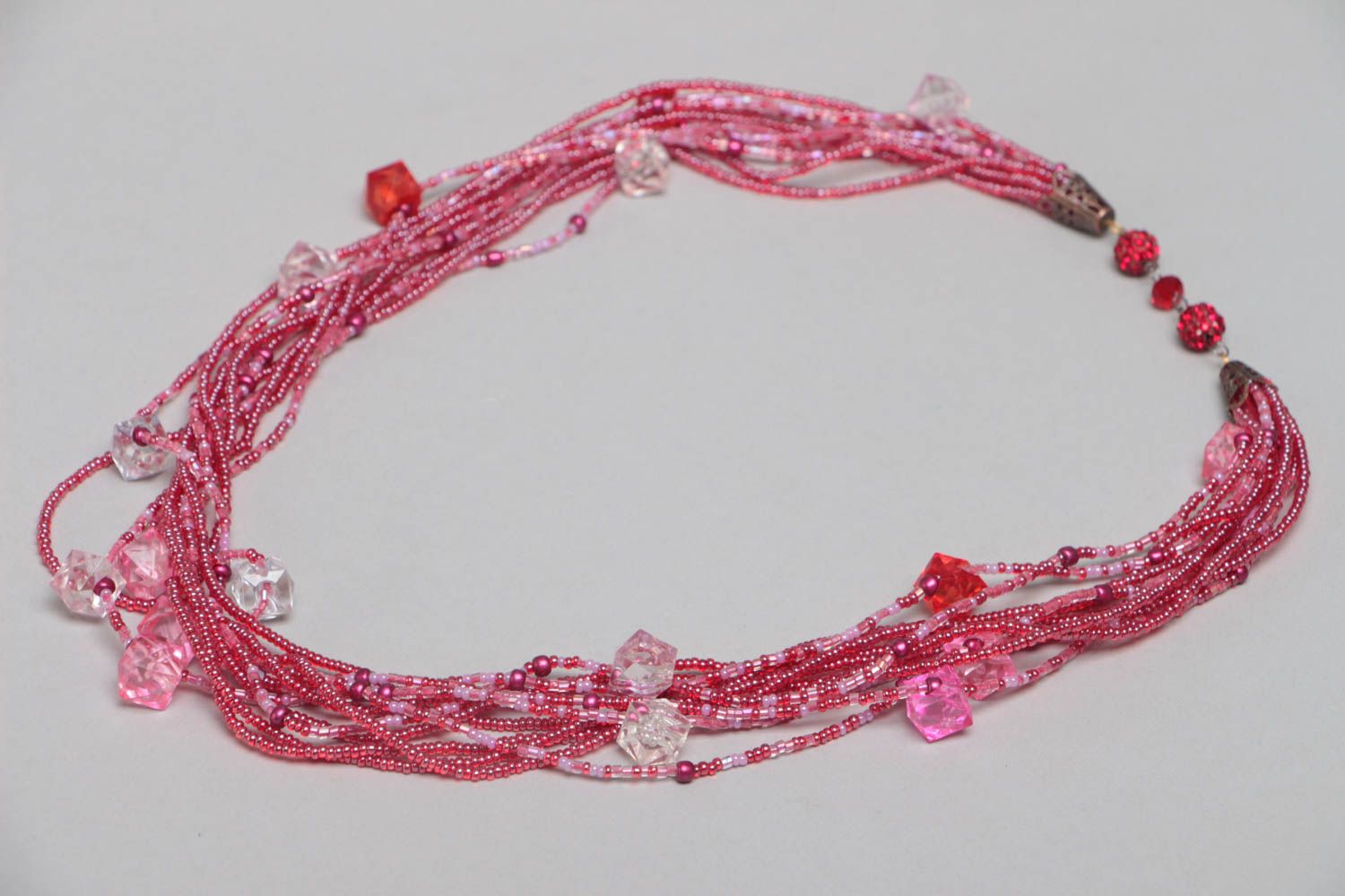 Многорядное ожерелье из бисера розовое ручной работы с бусинами яркое хенд мейд фото 2