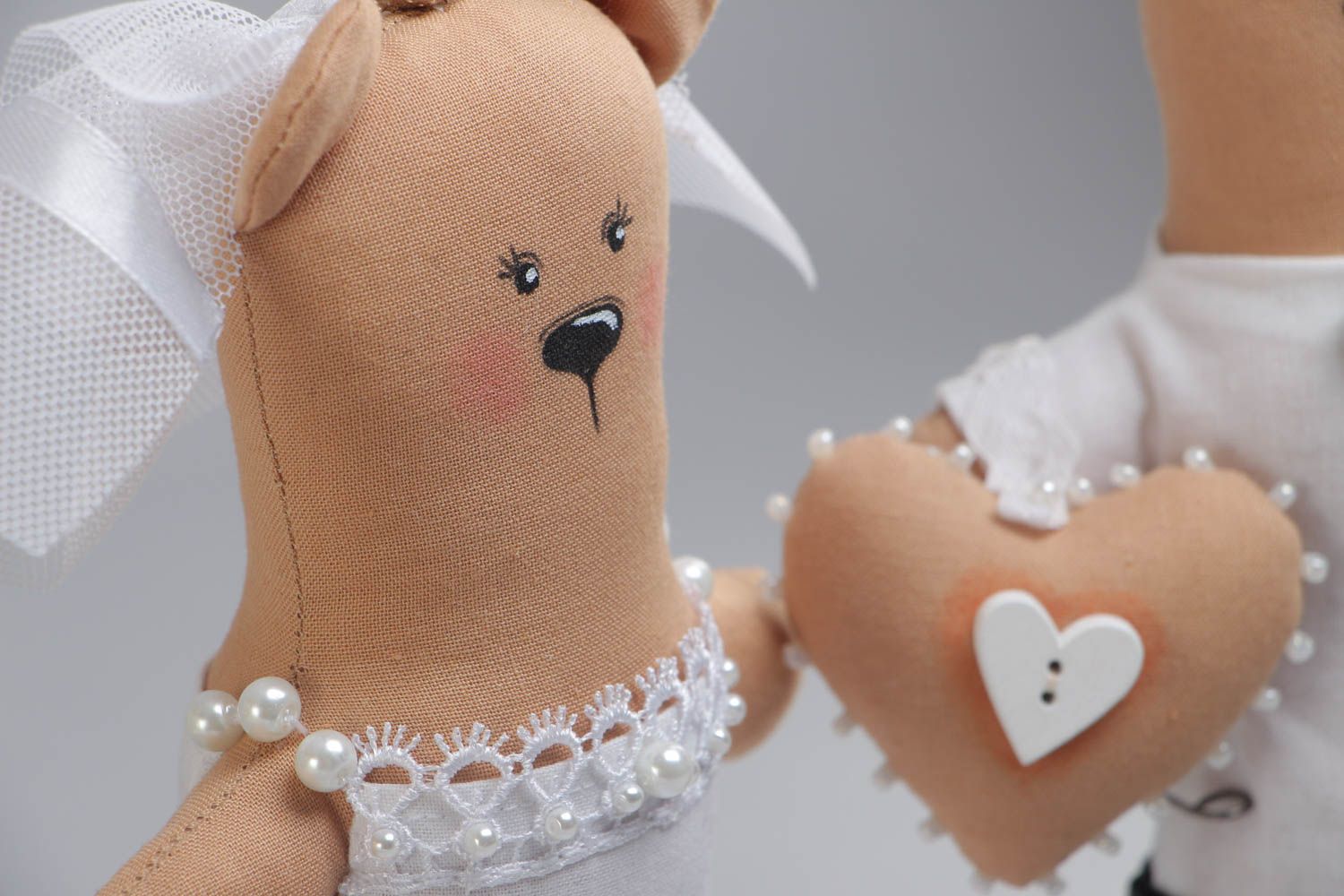 A set of 2 handcrafted teddy bears in the form of a newly married couple made of cotton photo 3