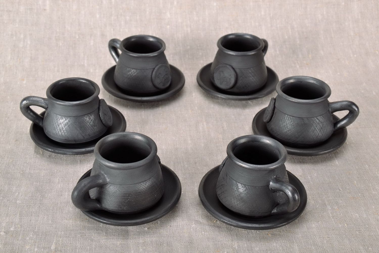 Set of 6 six black smoked clay 2 oz espresso coffee cups with handles and saucers  photo 2
