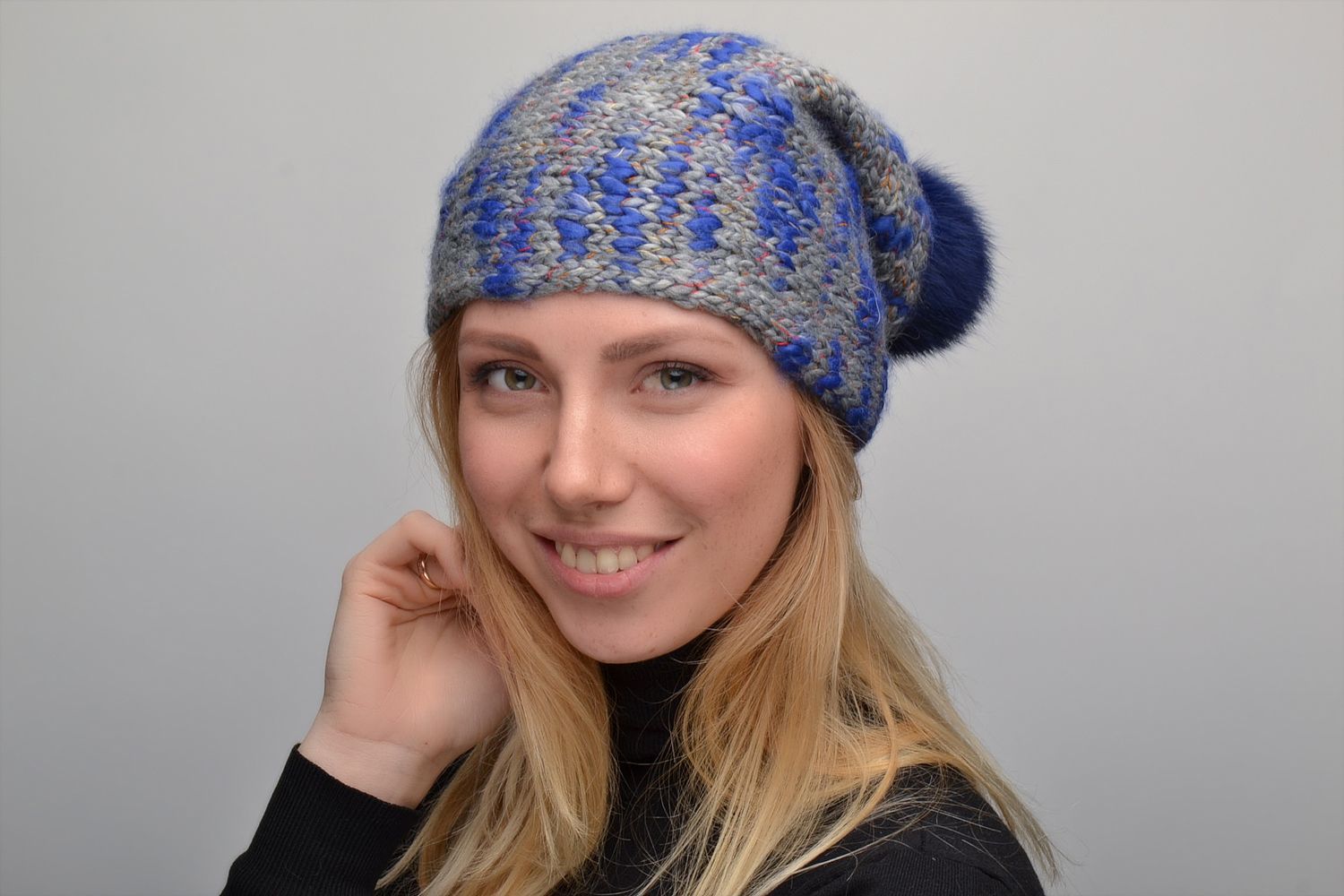 Gray and blue crochet wool hat with pompon photo 1
