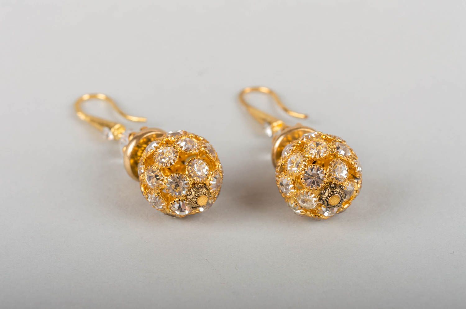 Elegant festive handmade designer long brass earrings with crystal beads photo 3