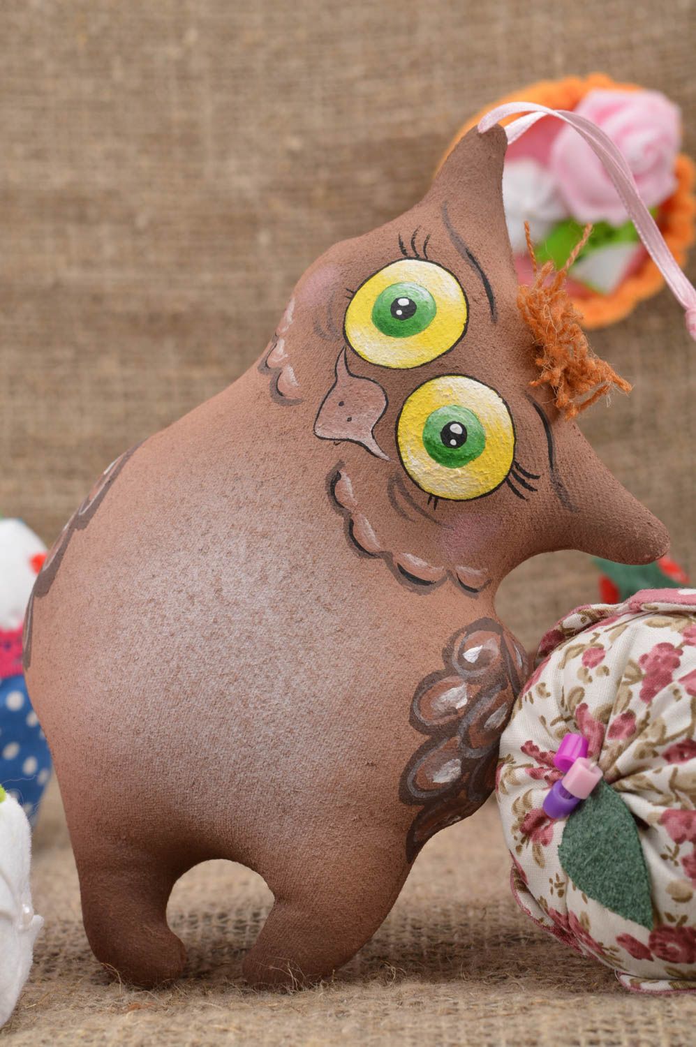 Handmade decorative brown toy owl with loop interior designer wall pendant photo 1