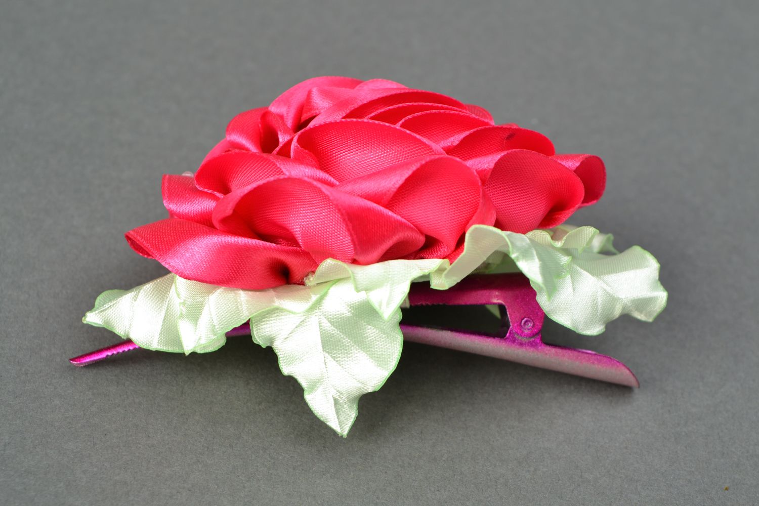 Handmade hair clip in the shape of pink rose photo 4