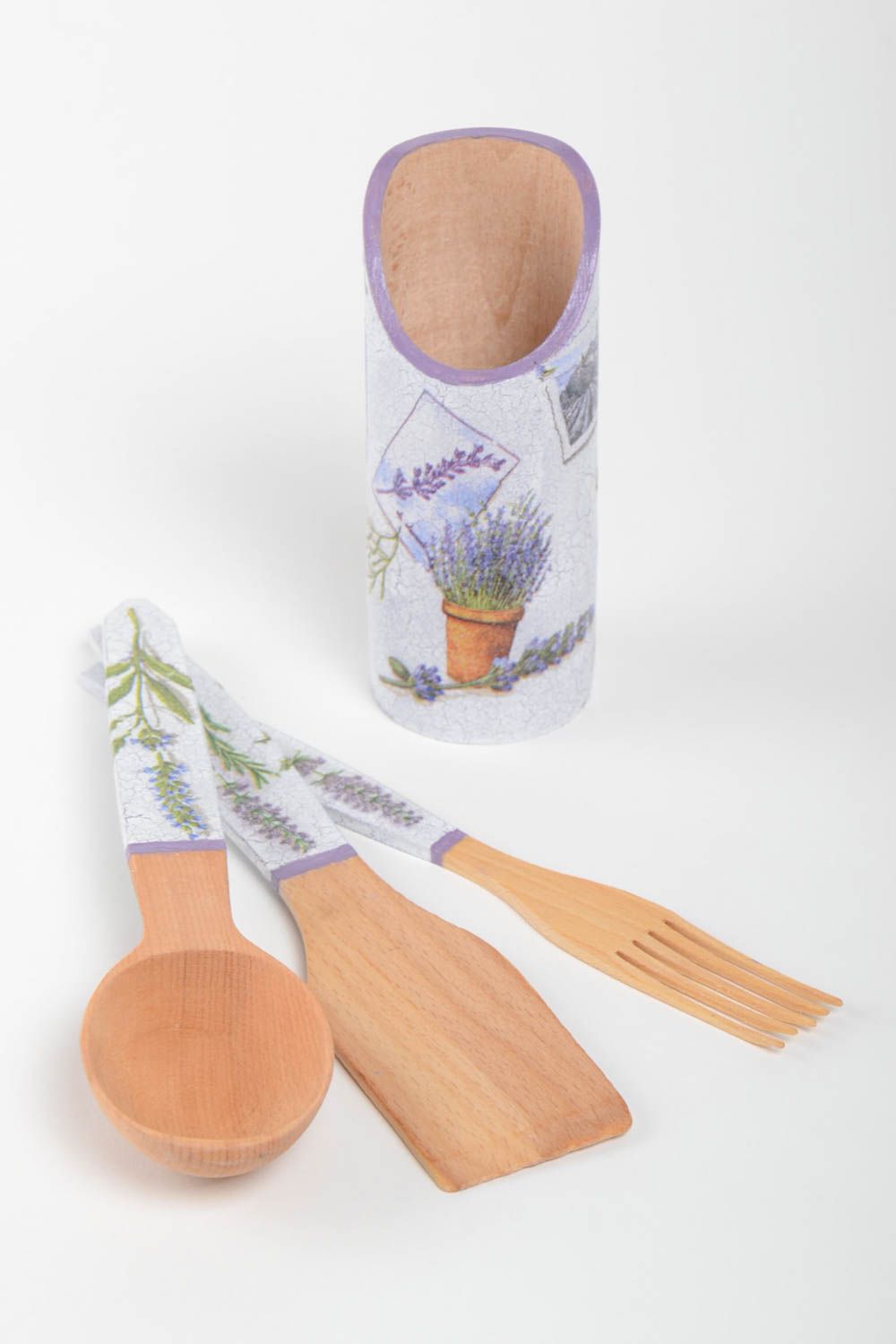 Handmade kitchen utensils set wooden spatula fork spoon decoupage ideas photo 2