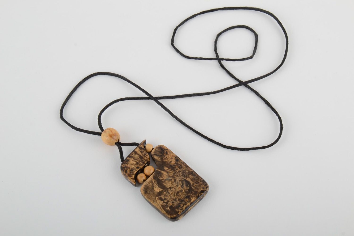 Handmade designer wooden neck pendant with cord in ethnic style for women photo 4