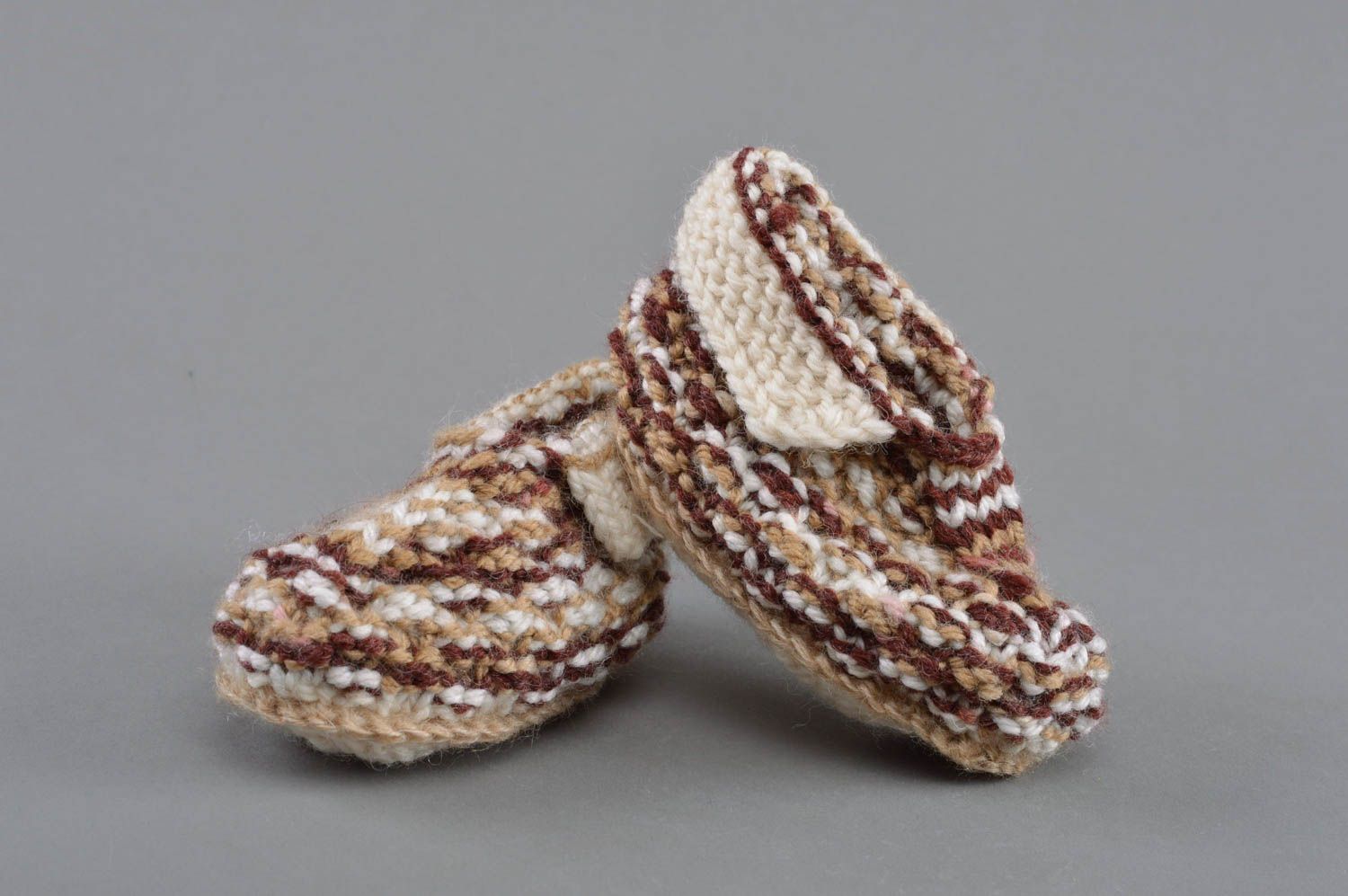 Beautiful handmade designer crochet wool baby booties of beige color photo 1