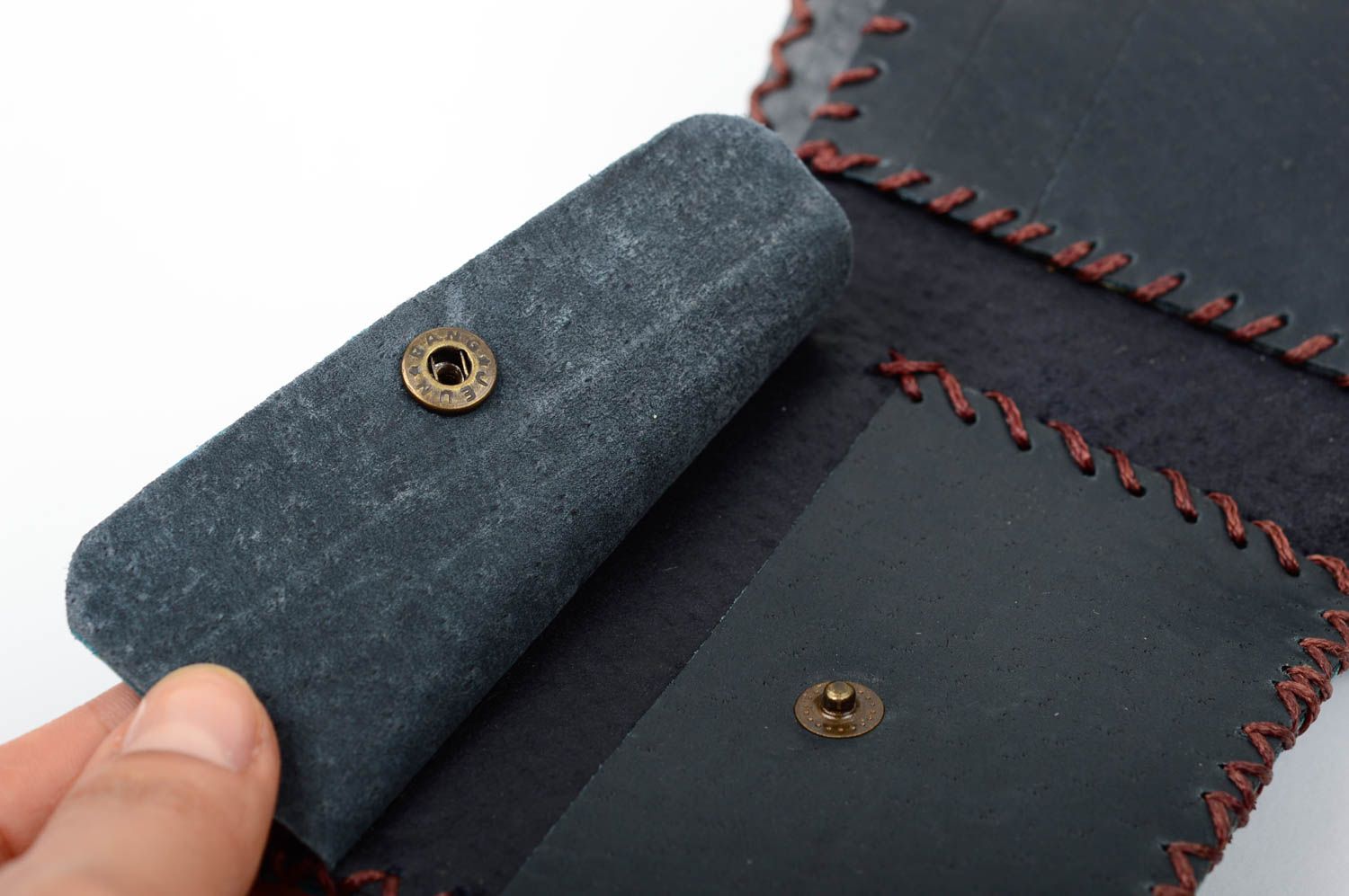 Portefeuille en cuir fait main Maroquinerie bleu noir Cadeau original design photo 3