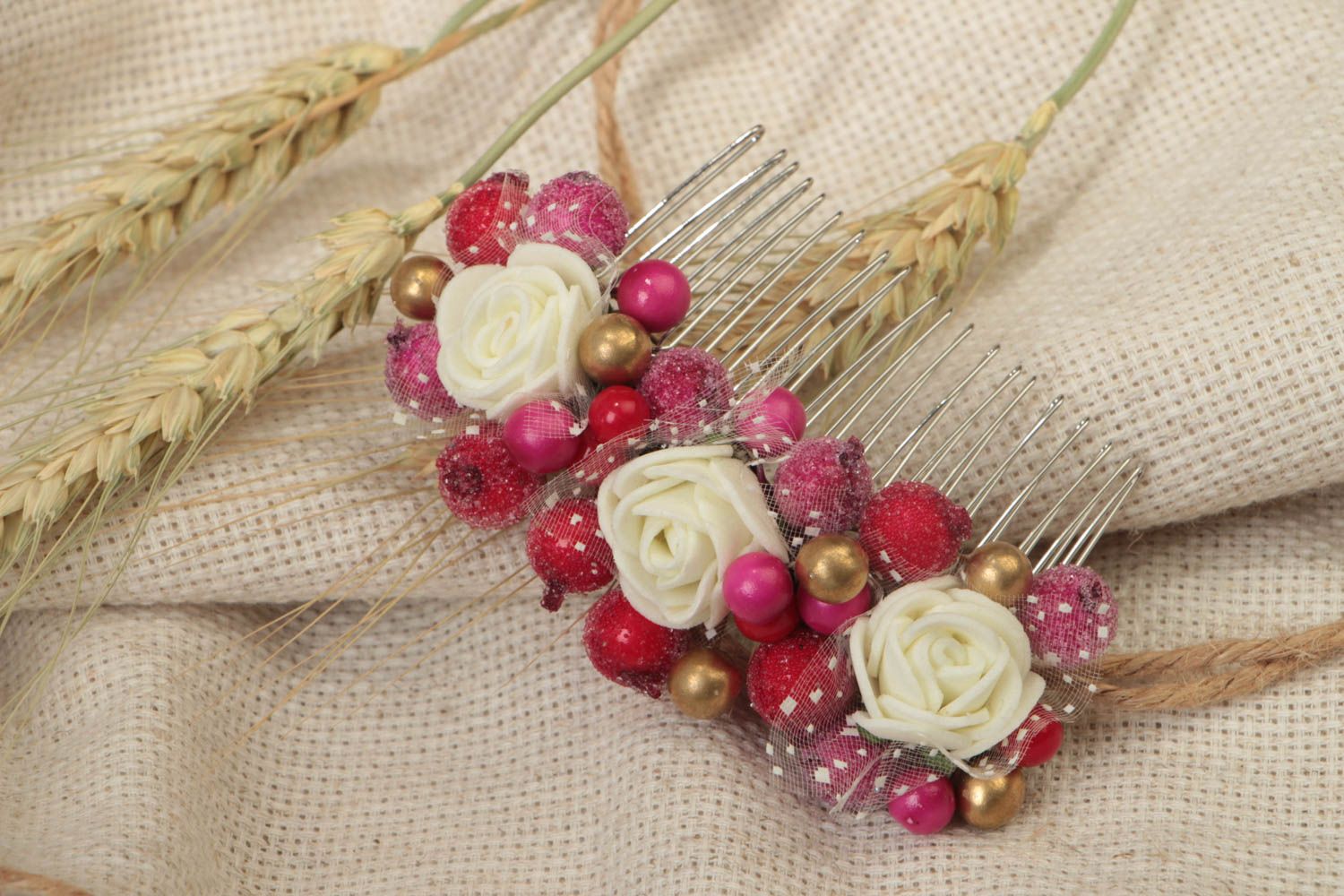 Handmade metal decorative hair comb with artificial colorful berries and flowers photo 1