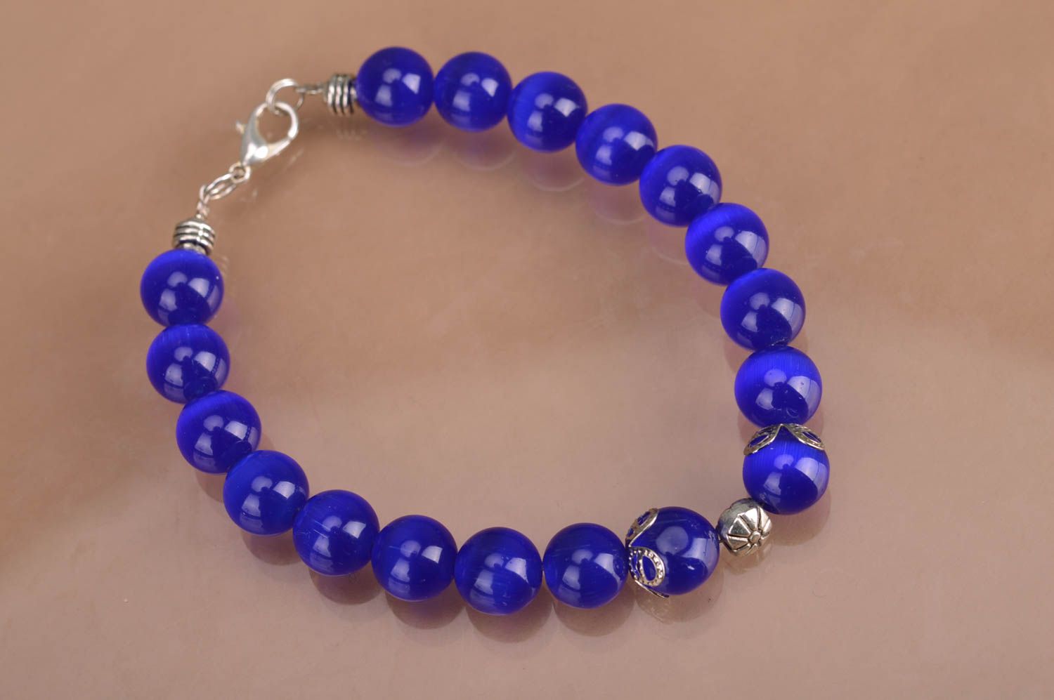 Handmade glass bead wrist bracelet of blue color for women designer laconic photo 2