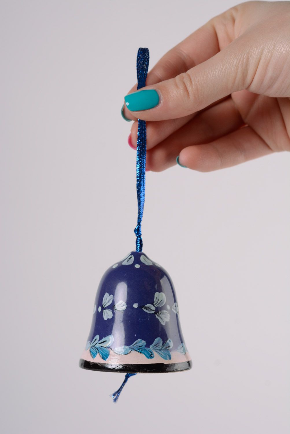 Small handmade decorative glazed maiolica ceramics hanging bell of blue color photo 2