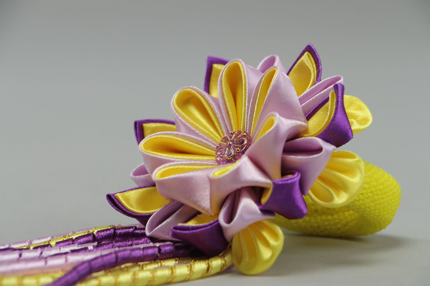 Handmade yellow and violet hair tie with satin ribbon volume kanzashi flower photo 2