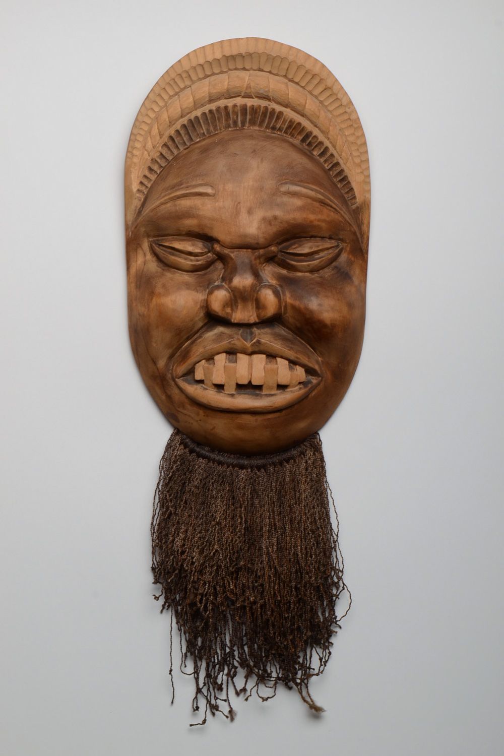 Handmade wall hanging ethnic mask carved of wood with beard for interior decor photo 1
