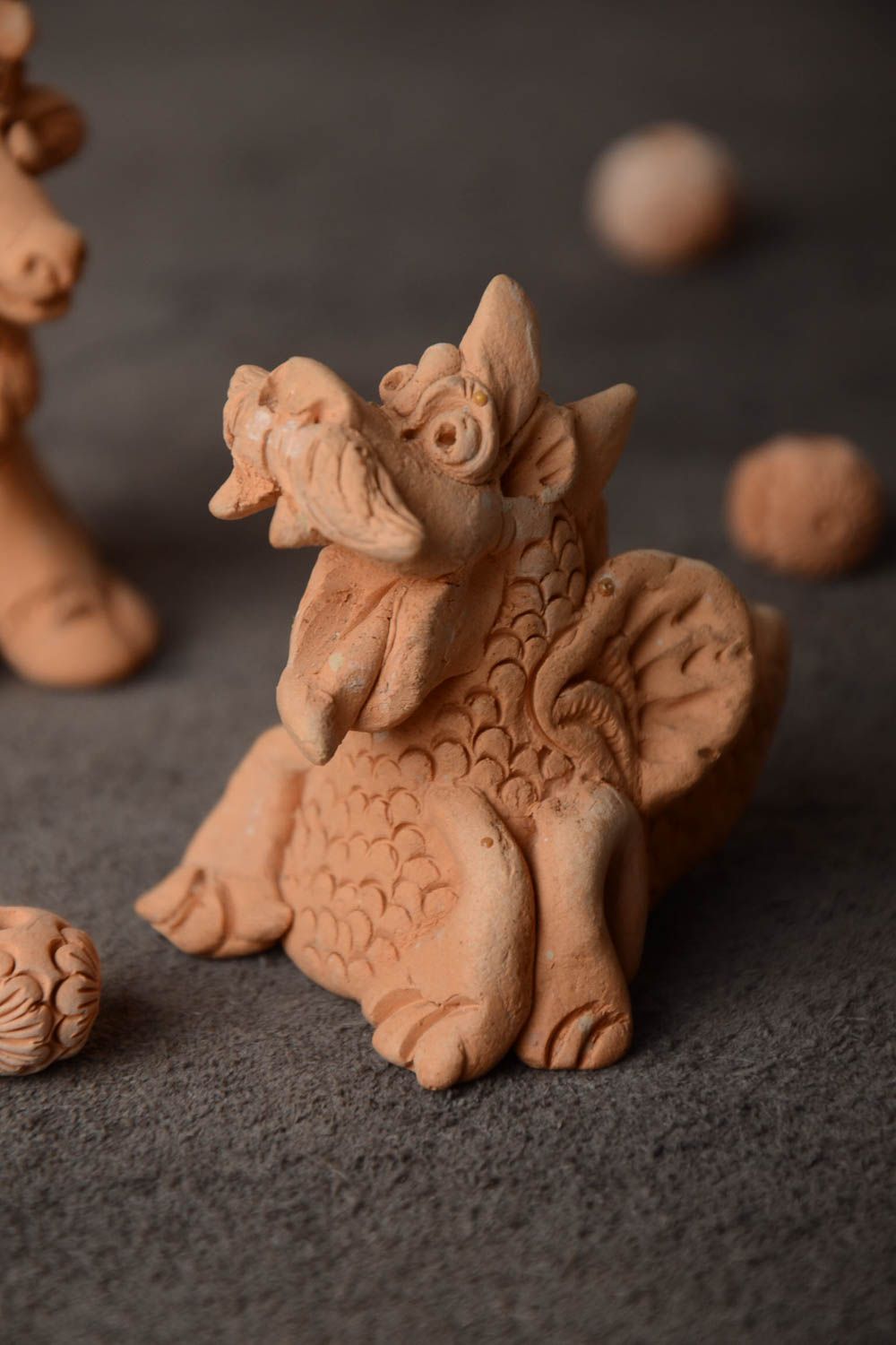 Small handmade designer clay statuette of dragon for interior decor photo 1