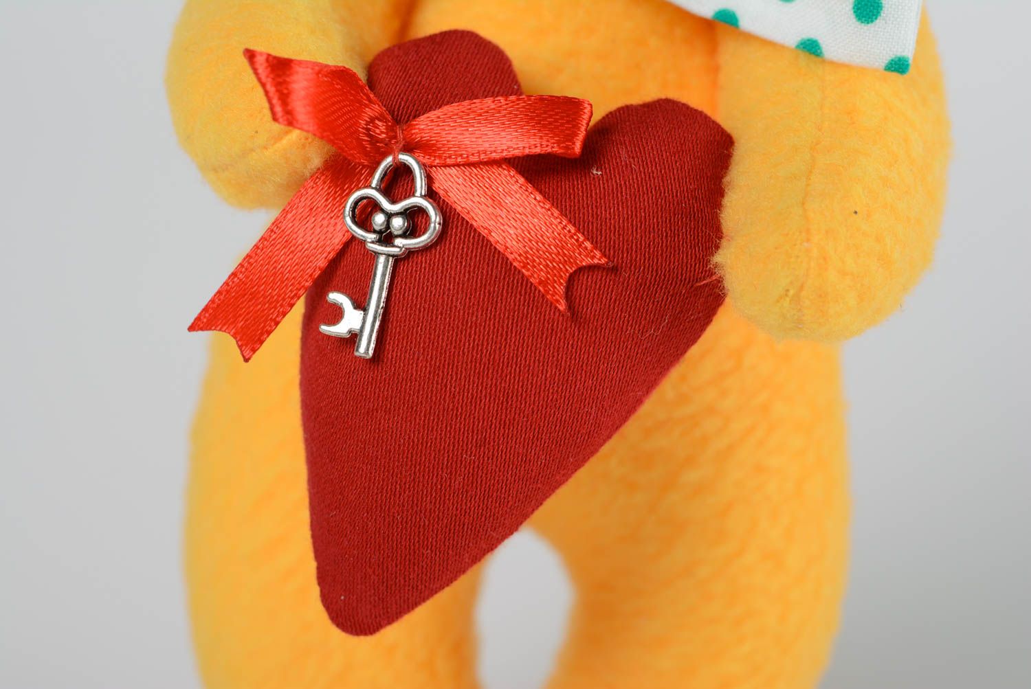 Handmade fleece fabric soft toy yellow rabbit with polka dot bow tie and heart photo 3