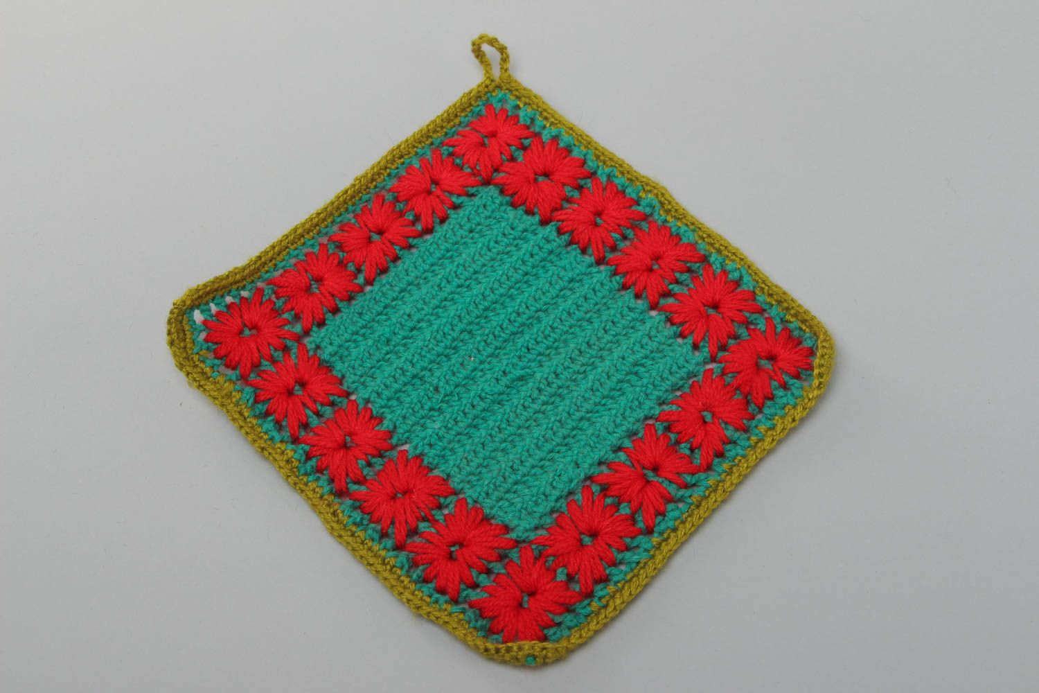 Handmade decorative green and red square napkin crocheted of acrylic threads photo 2