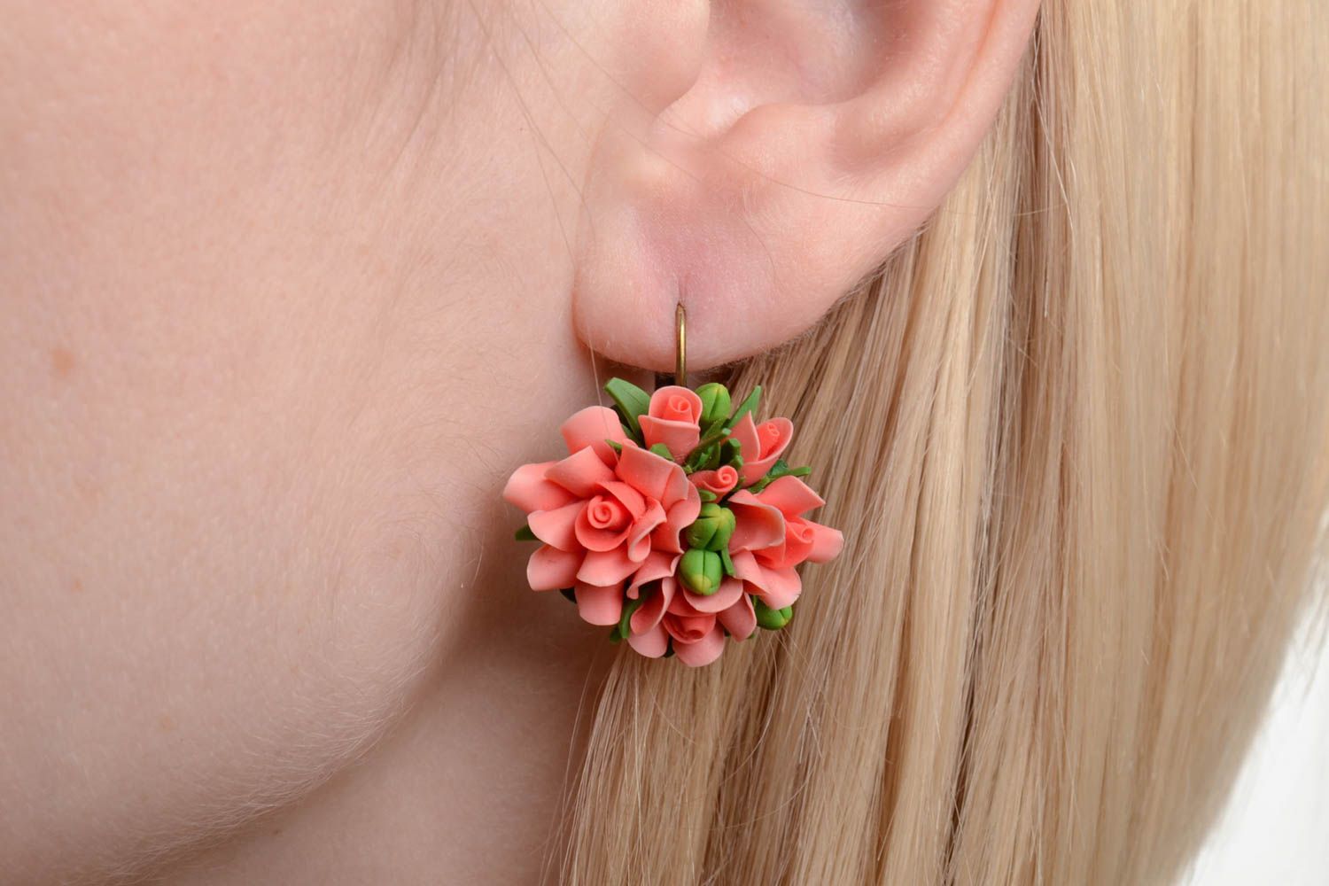Handmade designer festive earrings with pink polymer clay floral balls photo 1
