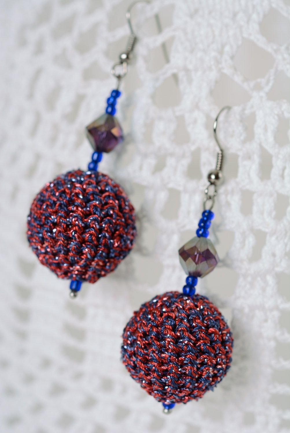 Beautiful handmade blue beaded earrings crocheted over with cotton threads photo 1
