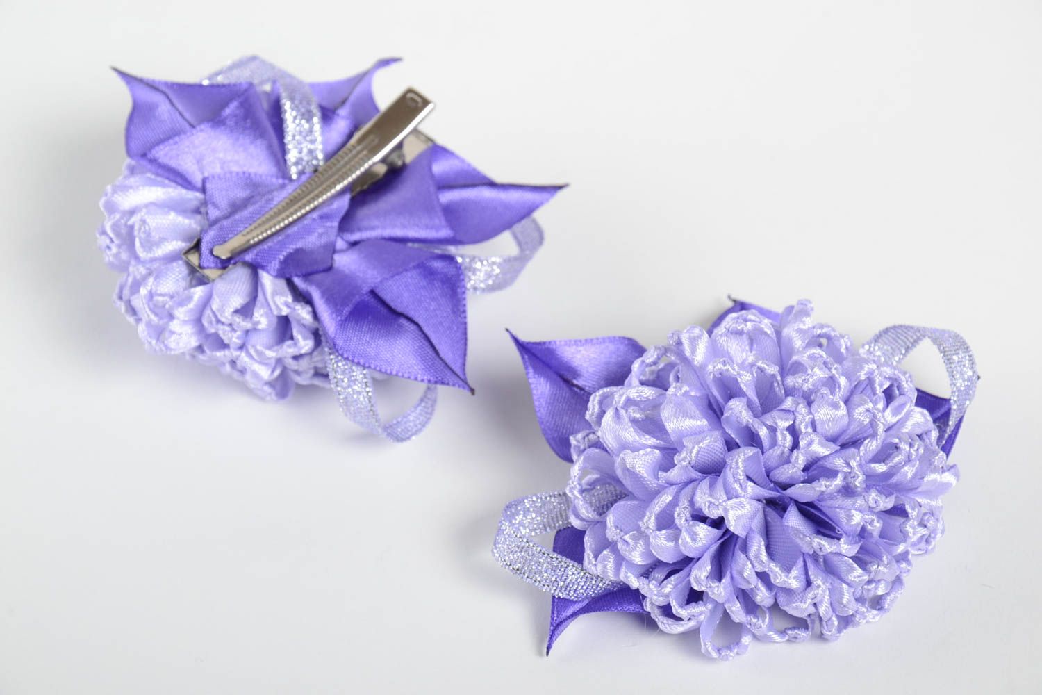 Handmade satin ribbon hair clips flower barrettes hair accessories set 2 pieces photo 3